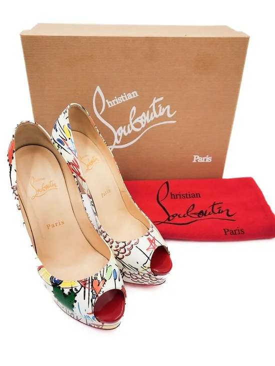 Christian Louboutin Fetish Peep 150 Graffiti Patent Leather Platform Pumps EU 38 - Picture 9 of 9
